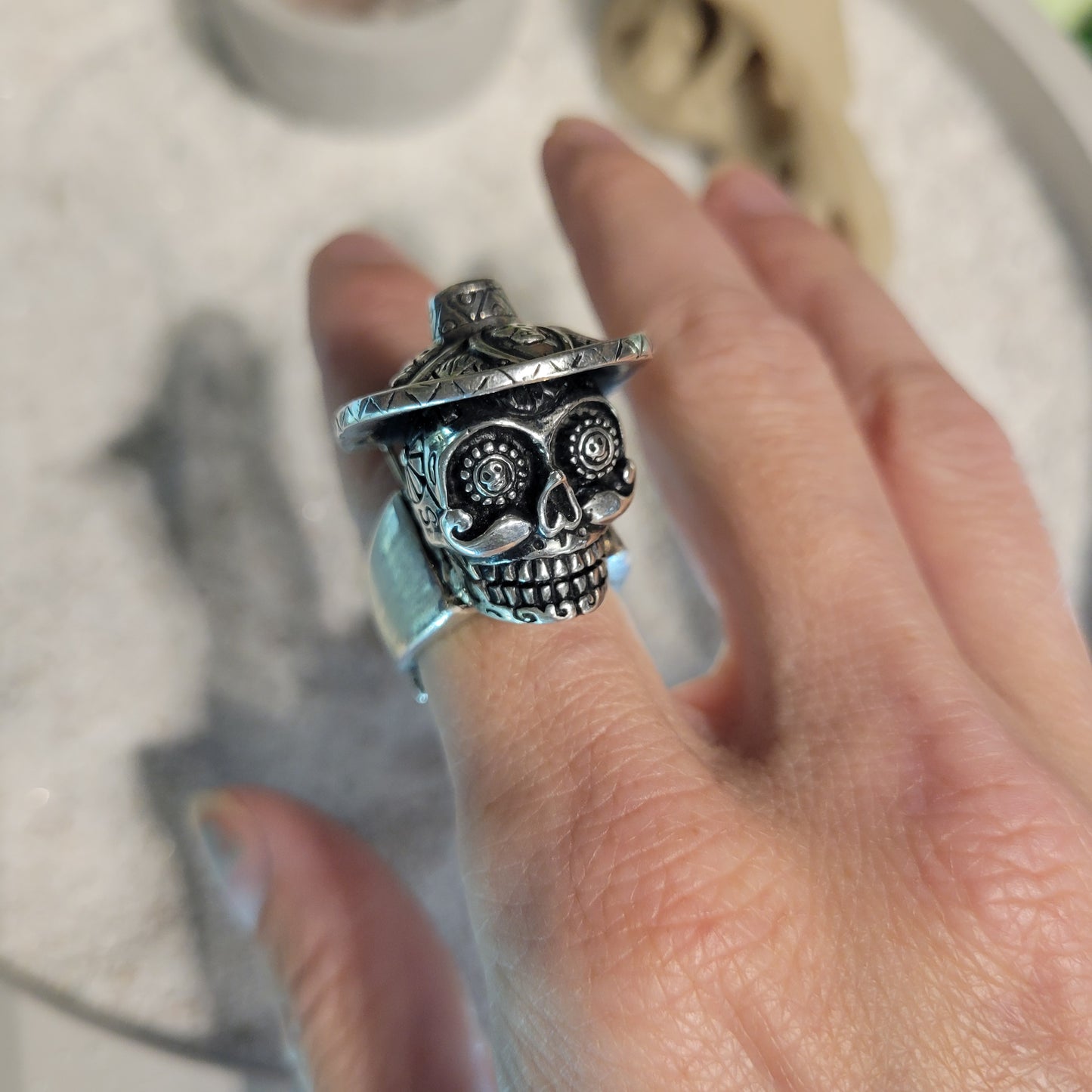 Sterling Sugar Skull Ring sz Adjustable
