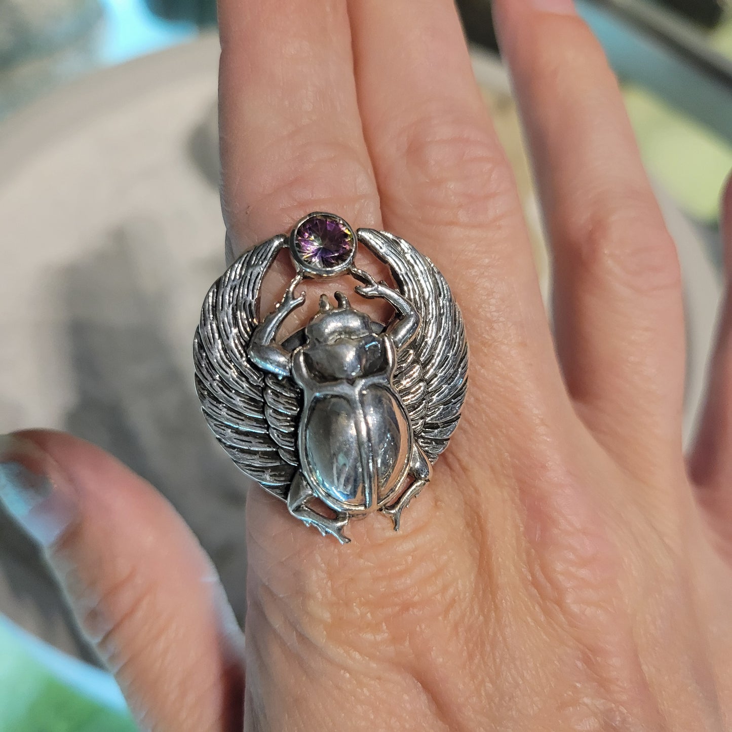 Sterling Scarub with Mystic Topaz Ring sz Adjustable