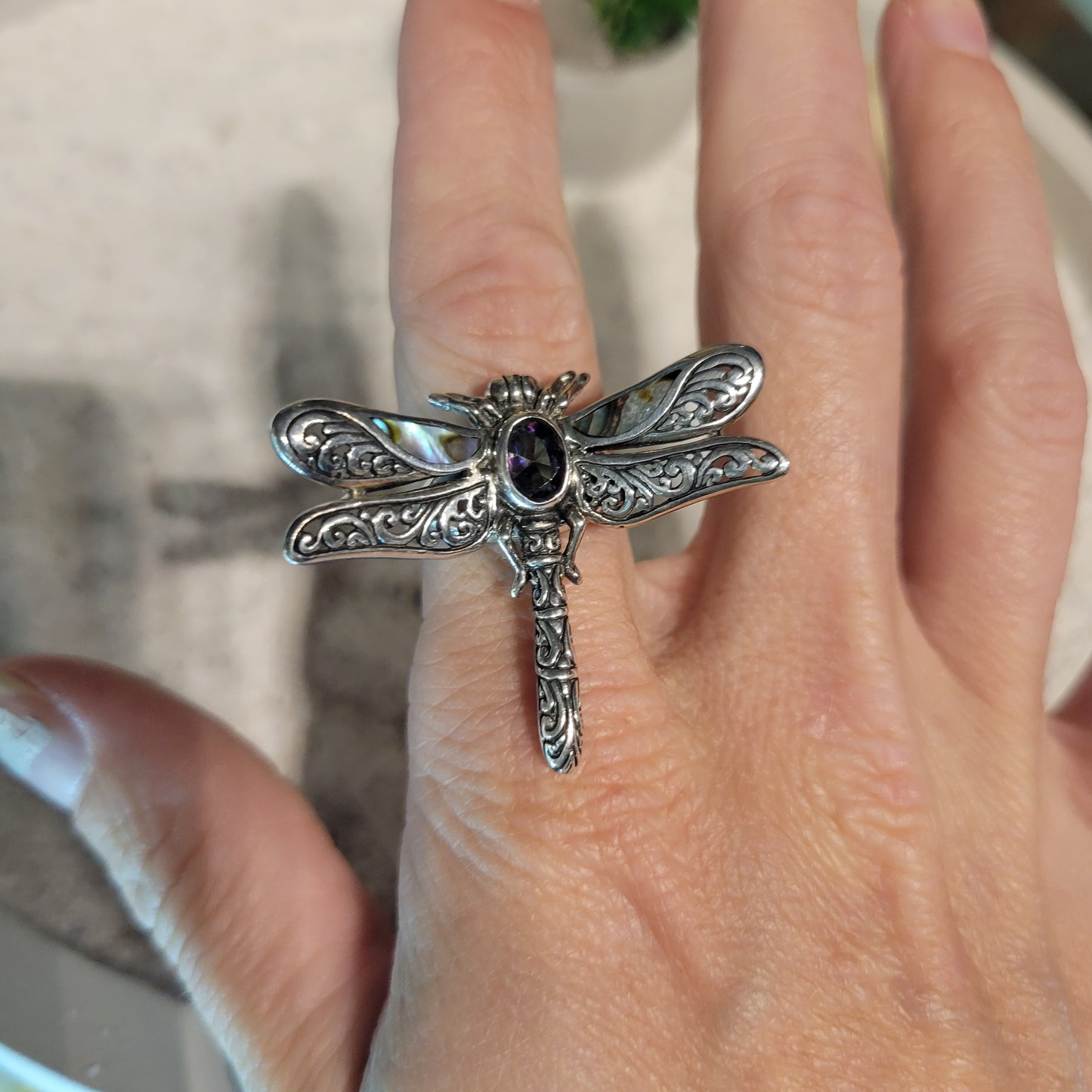 Sterling Dragonfly with Mystic Topaz Ring sz Adjustable