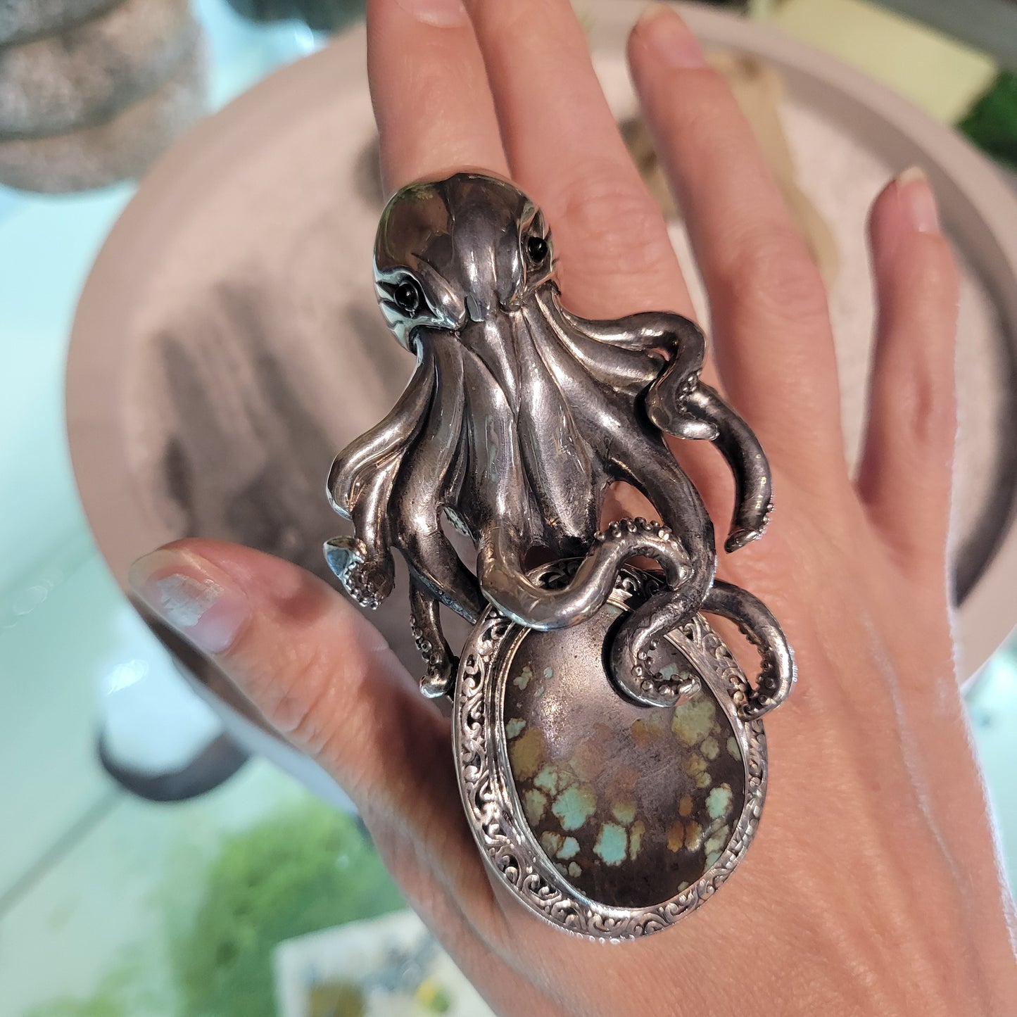 Sterling Octopus and Turquoise Ring sz Adjustable
