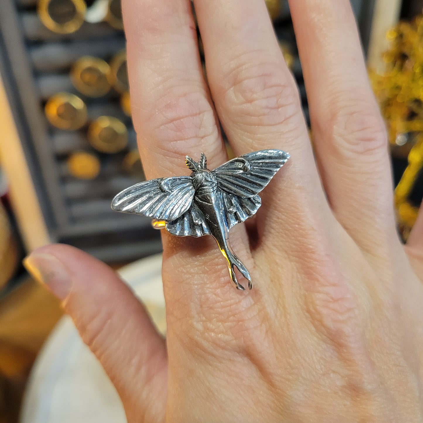 Sterling Small Lunar Moth Ring sz Adjustable
