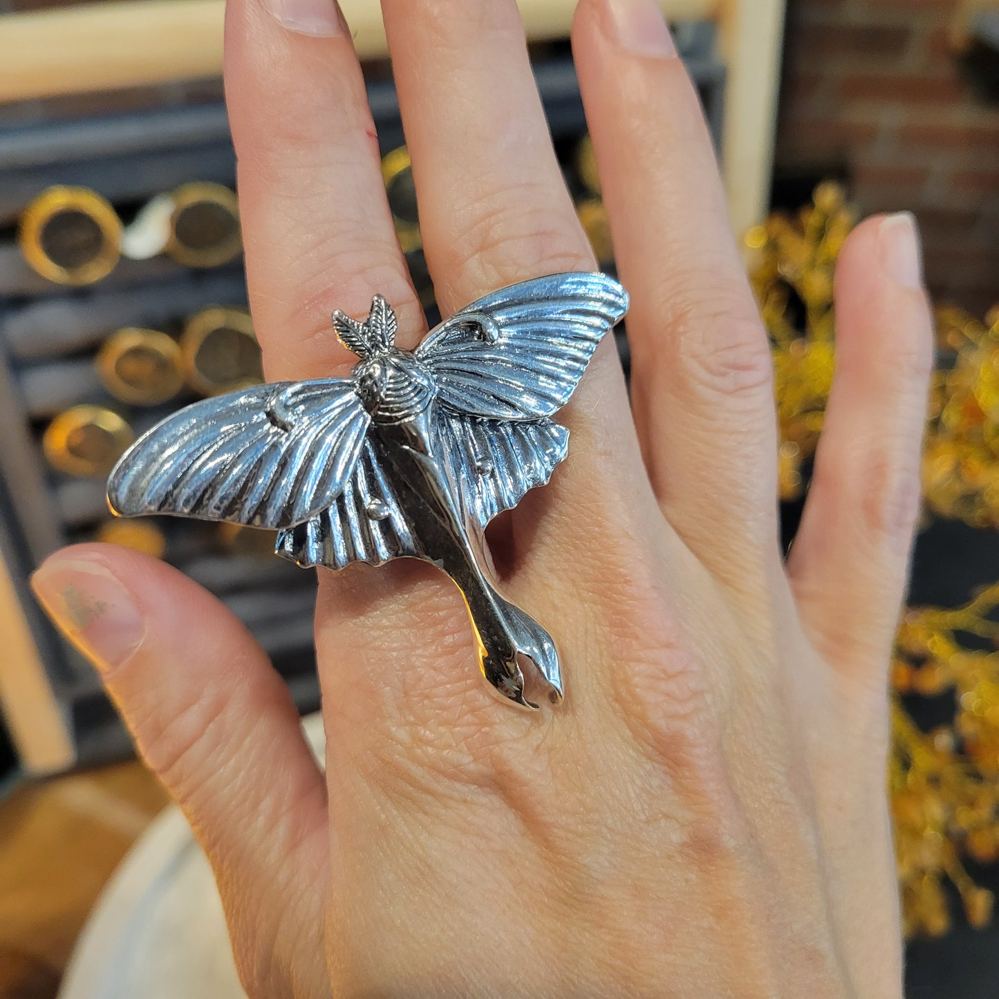Sterling Lunar Moth Ring sz Adjustable