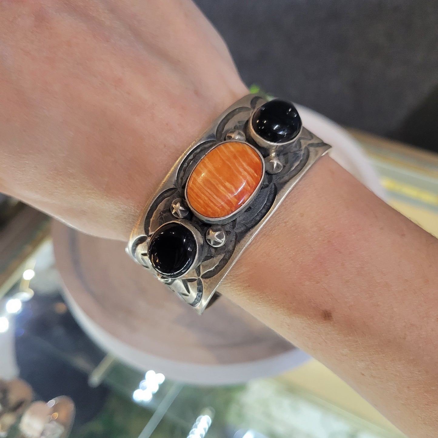 Sterling Spiny Oyster and Onyx Cuff