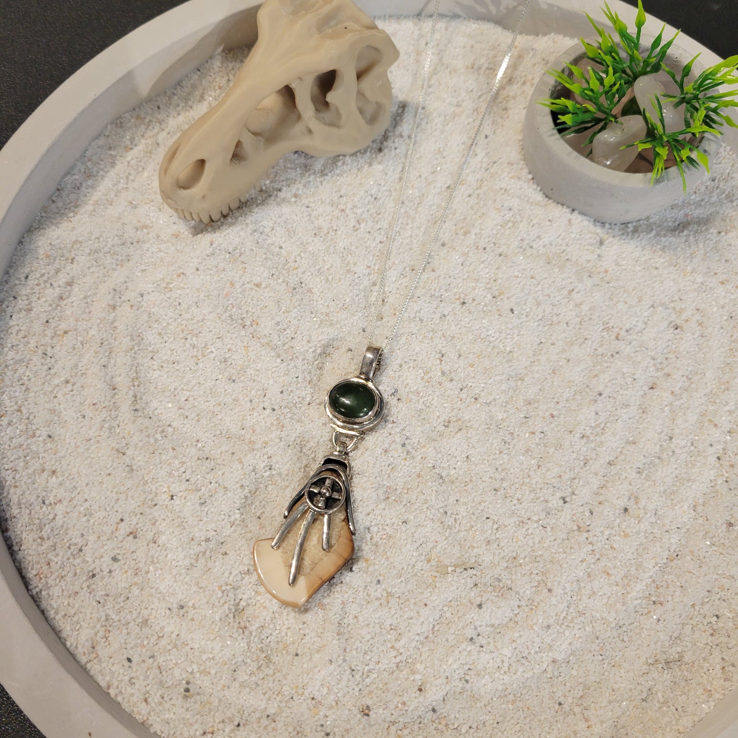 Sterling Nephrite Jade and Fossil Ivory Necklace