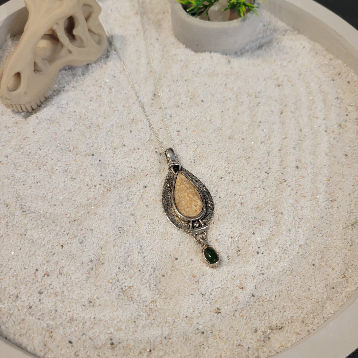 Sterling Nephrite Jade and Fossil Ivory Necklace