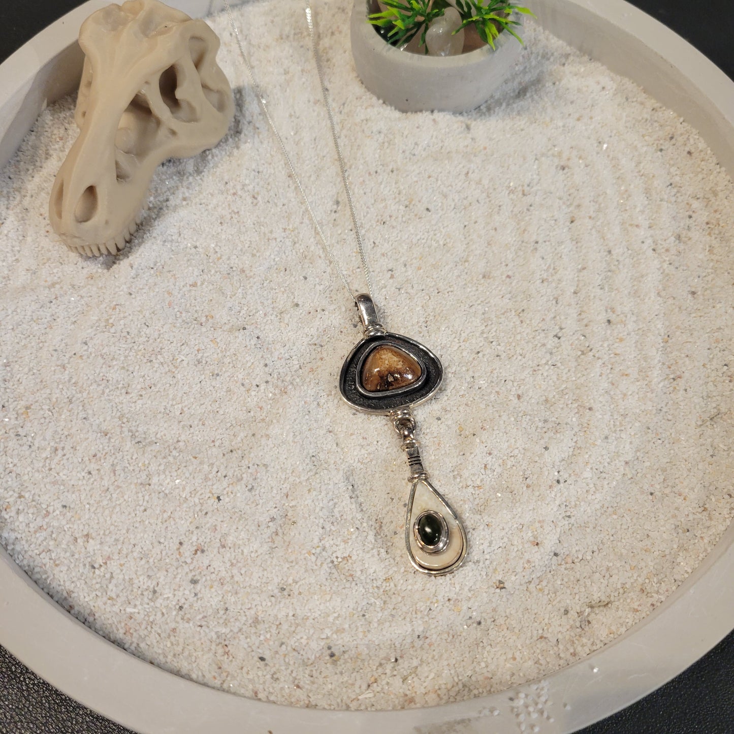Sterling Nephrite Jade and Fossil Ivory Necklace