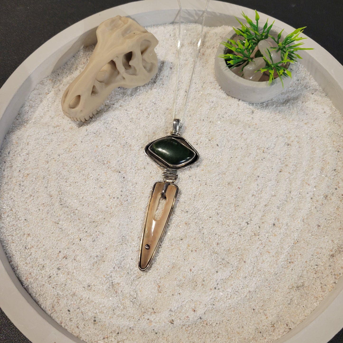 Sterling Nephrite Jade and Fossil Ivory Necklace