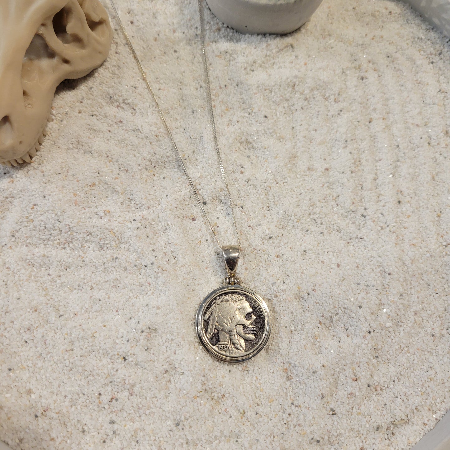 Sterling Carved Skeleton Buffalo Nickel Necklace