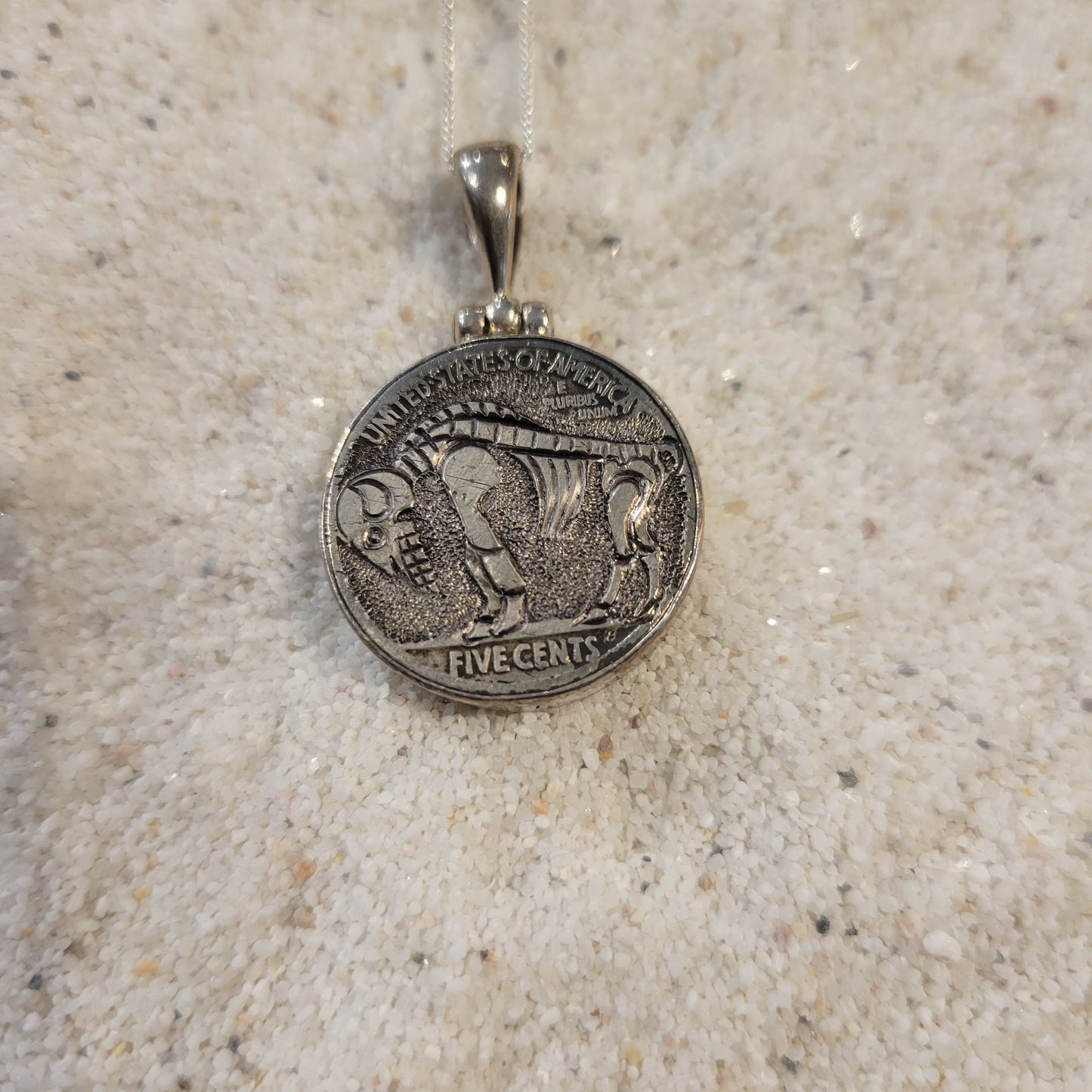 Sterling Carved Skeleton Buffalo Nickel Necklace