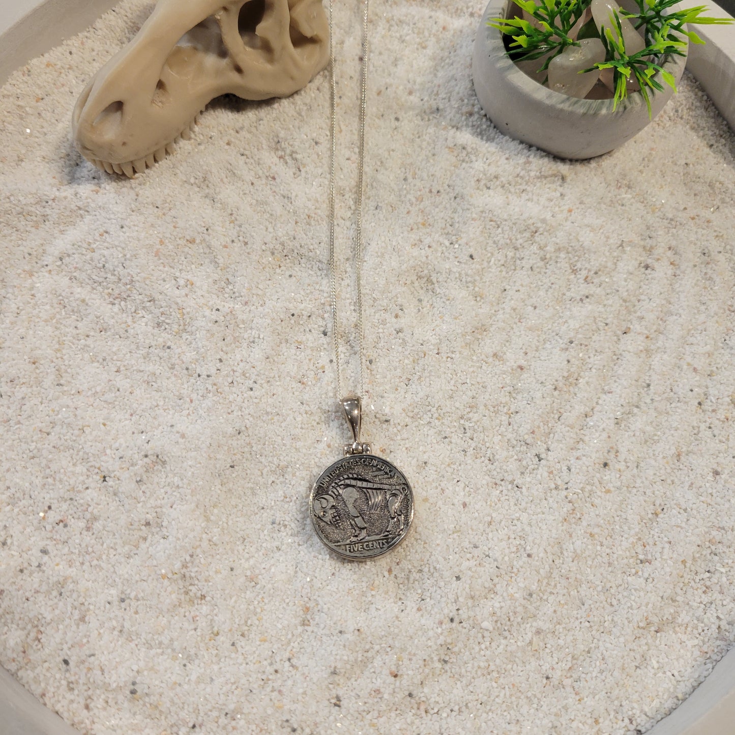Sterling Carved Skeleton Buffalo Nickel Necklace