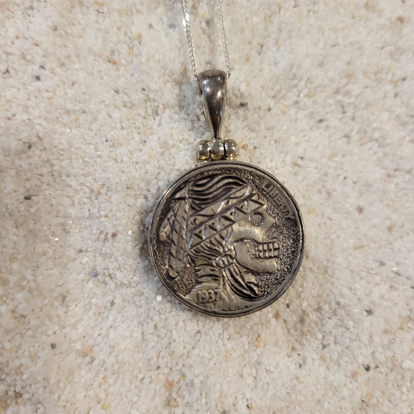 Sterling Carved Indian Skeleton Buffalo Nickel Necklace
