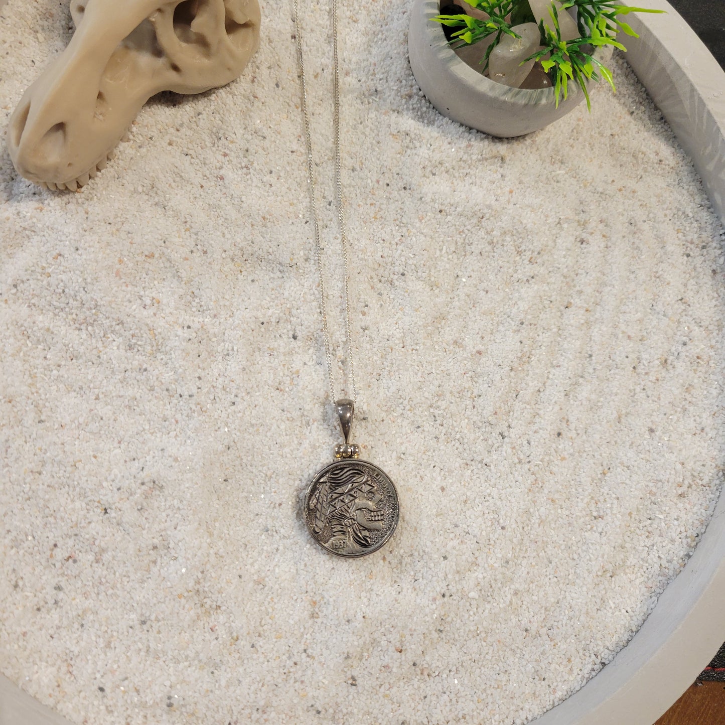 Sterling Carved Indian Skeleton Buffalo Nickel Necklace
