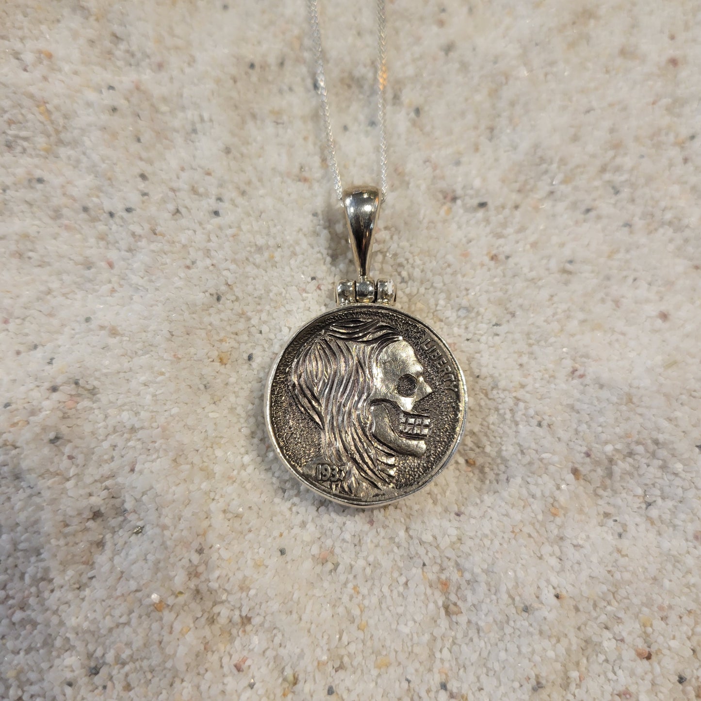 Sterling Carved Skeleton Buffalo Nickel Necklace