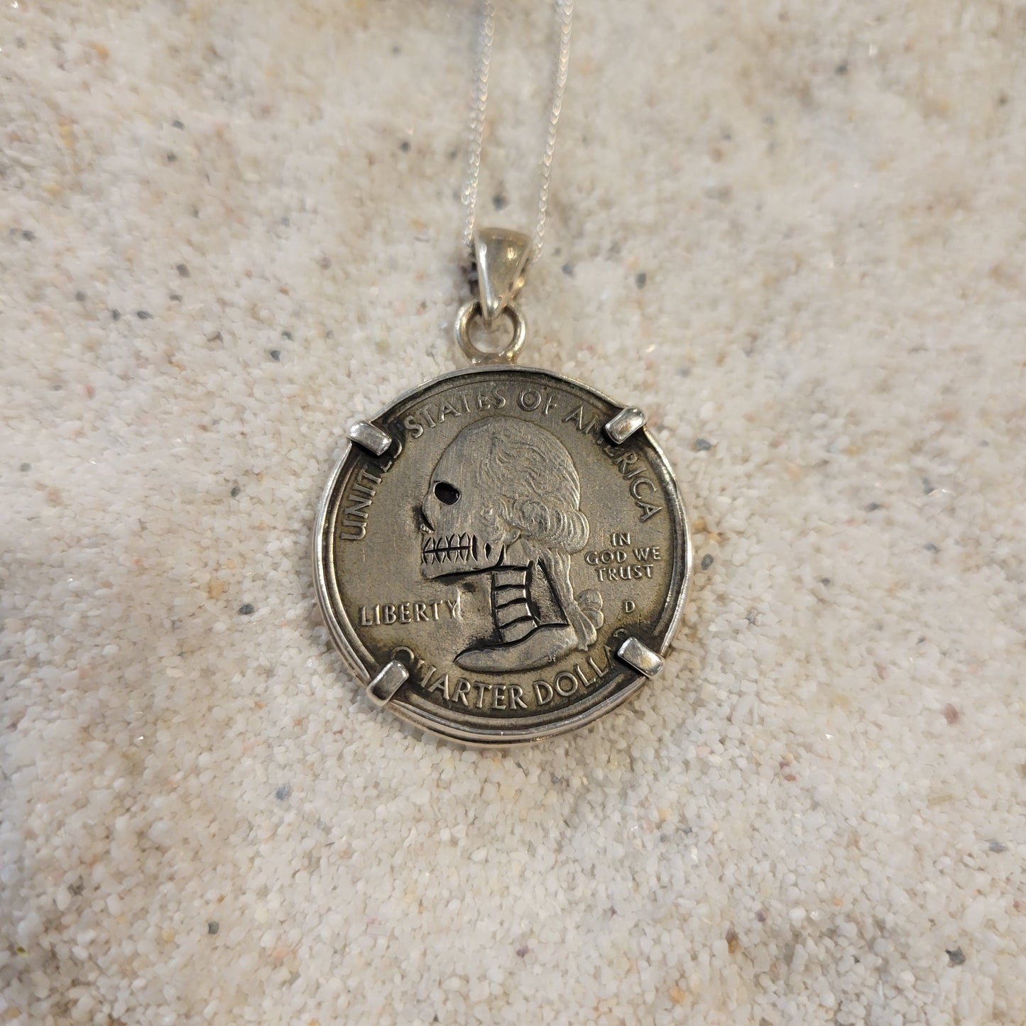 Sterling Carved Skeleton Quarter Necklace