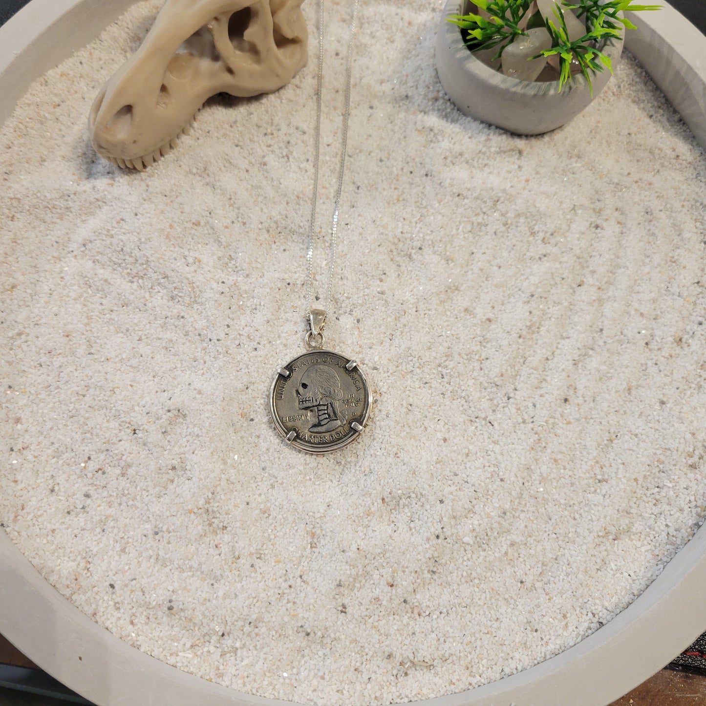 Sterling Carved Skeleton Quarter Necklace
