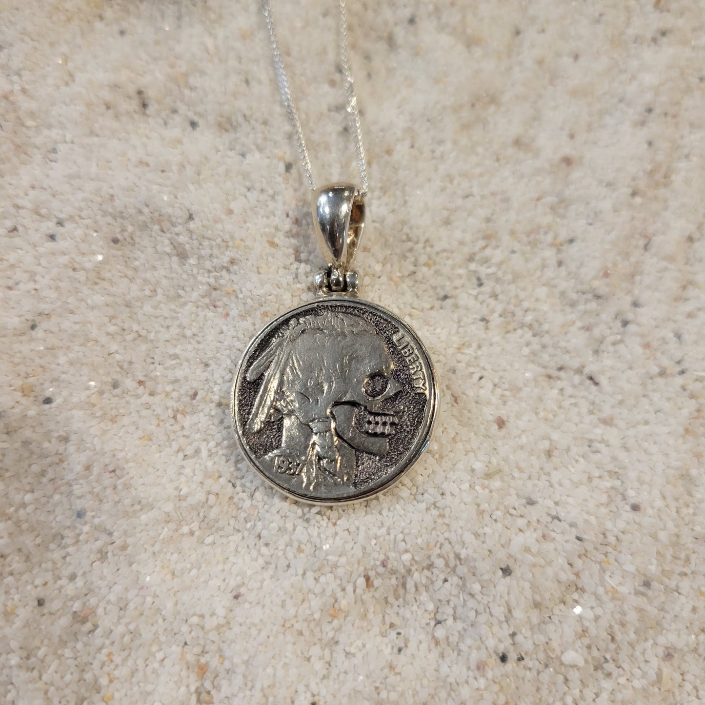 Sterling Carved Skeleton Buffalo Nickel Necklace