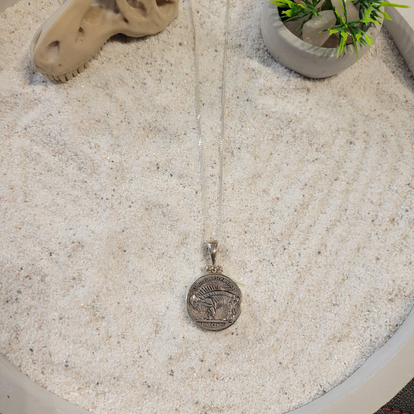 Sterling Carved Skeleton Buffalo Nickel Necklace