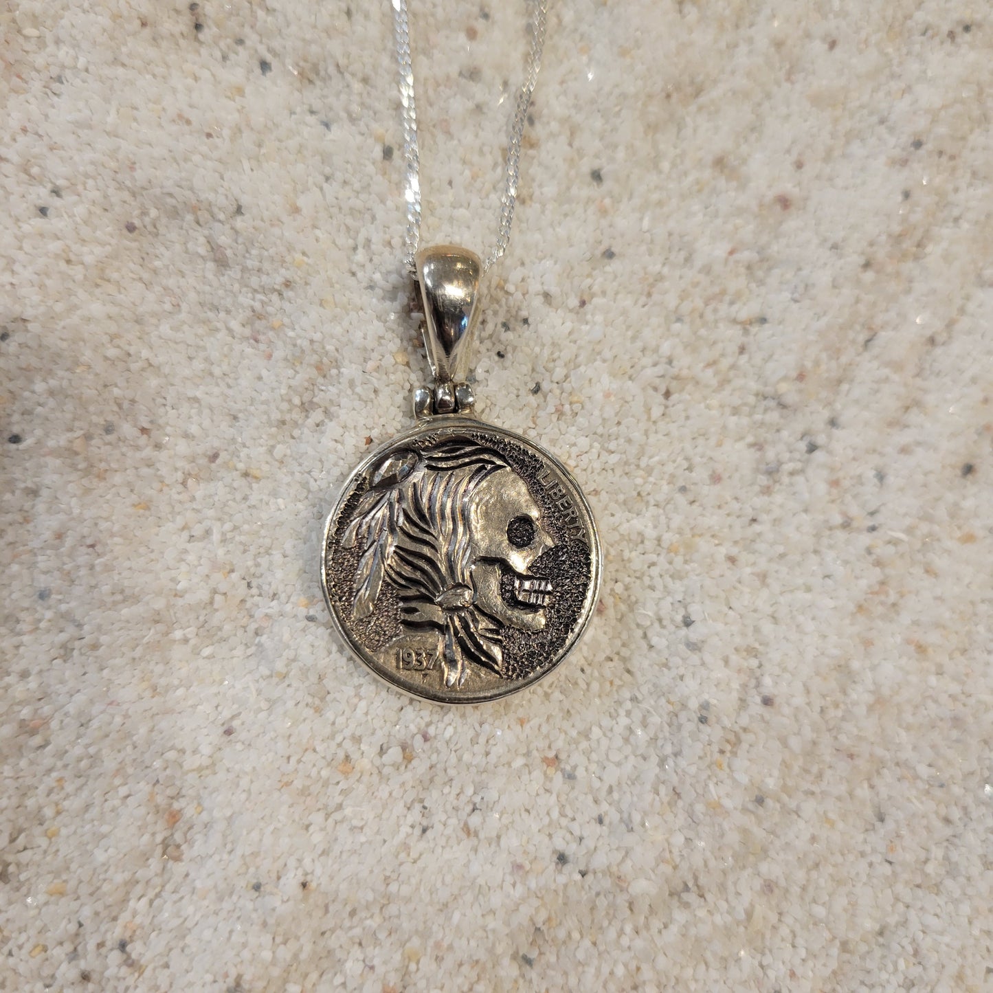 Sterling Carved Skeleton Buffalo Nickel Necklace