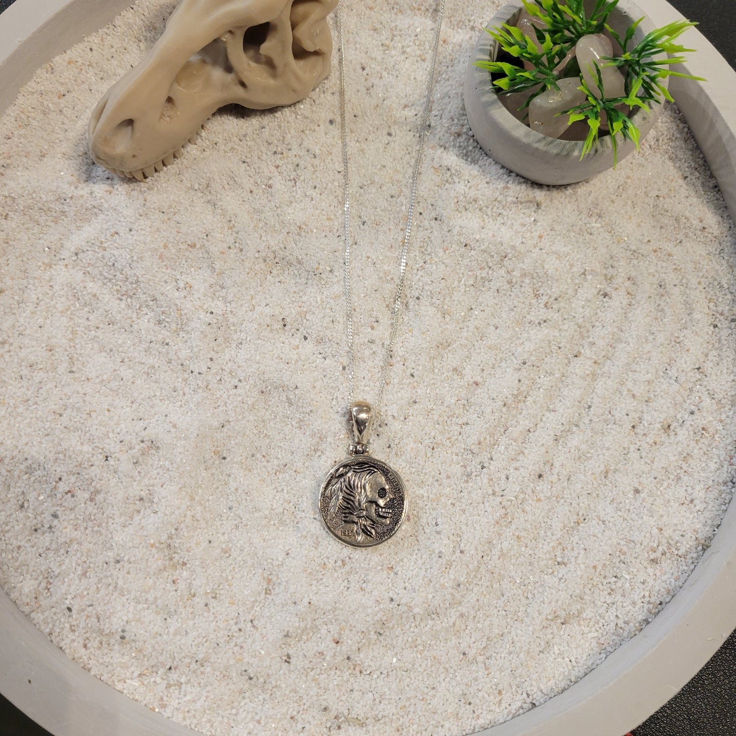 Sterling Carved Skeleton Buffalo Nickel Necklace