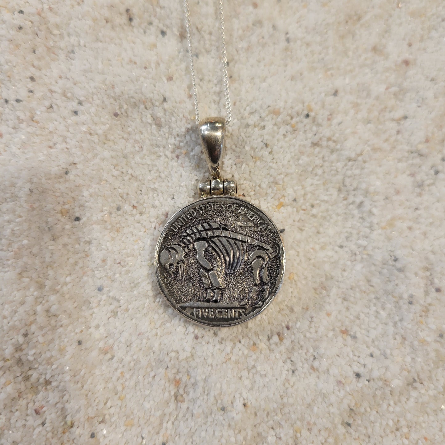 Sterling Carved Skeleton Buffalo Nickel Necklace