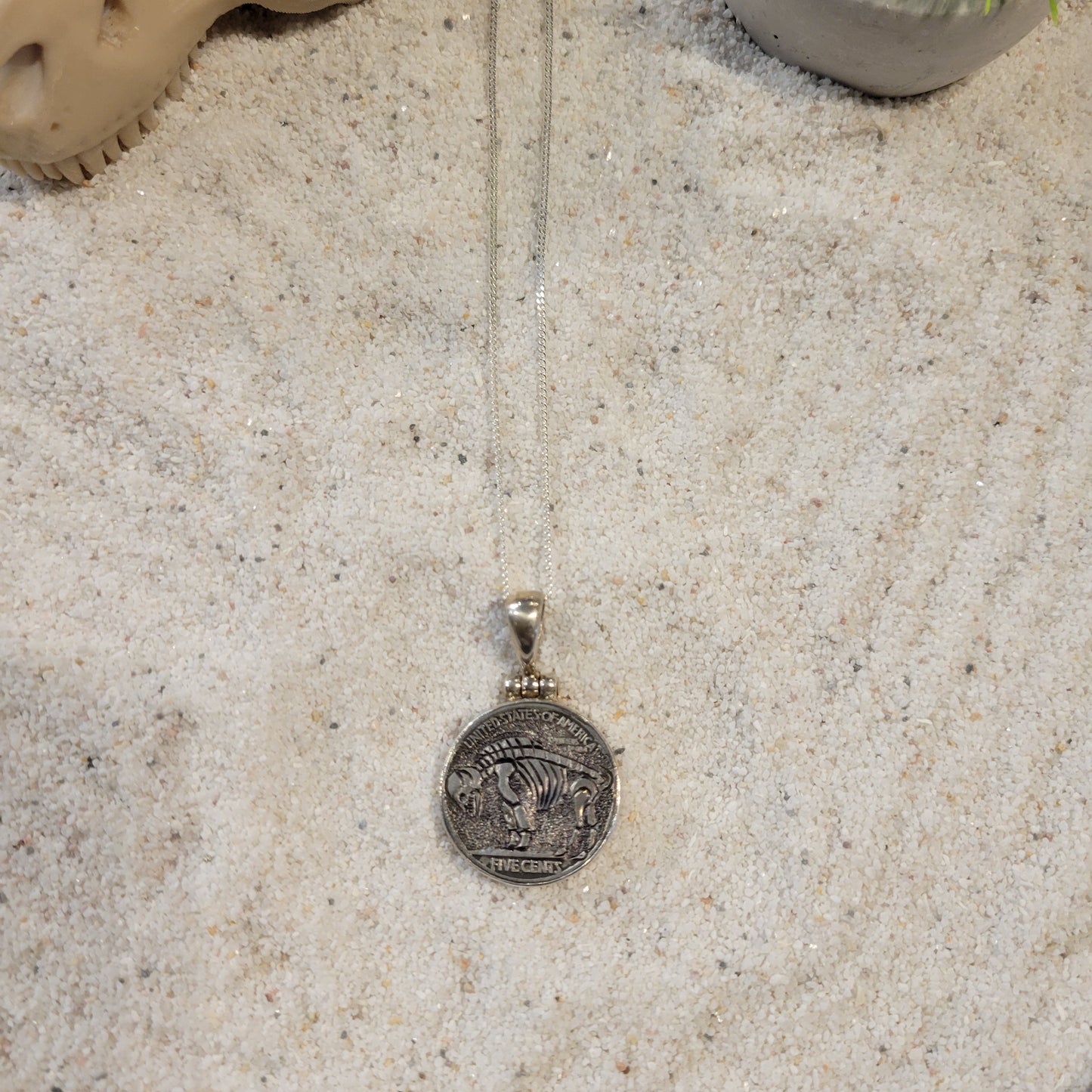 Sterling Carved Skeleton Buffalo Nickel Necklace