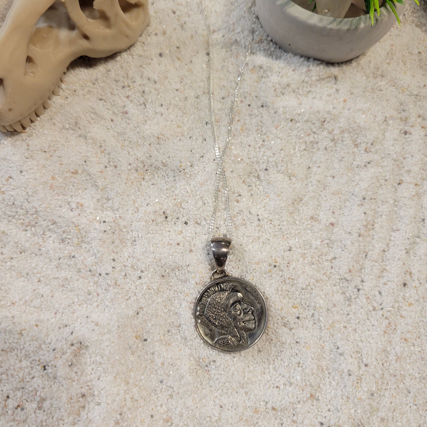 Sterling Carved Indian Buffalo Nickel Necklace