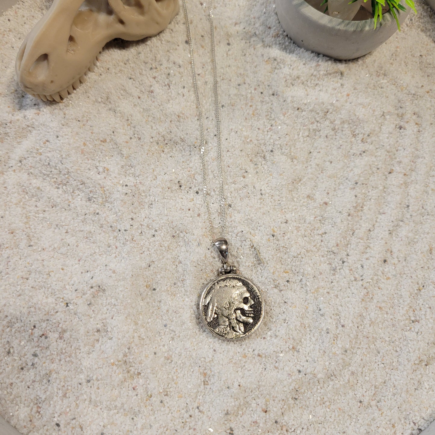 Sterling Carved Skeleton Buffalo Nickel Necklace