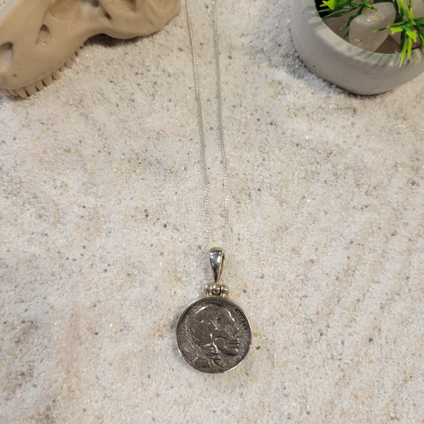 Sterling Carved Indian Skeleton Buffalo Nickel Necklace