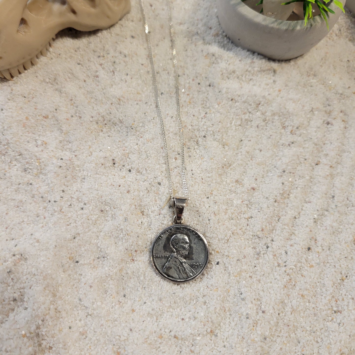 Sterling Carved Skeleton Silver Penny Necklace