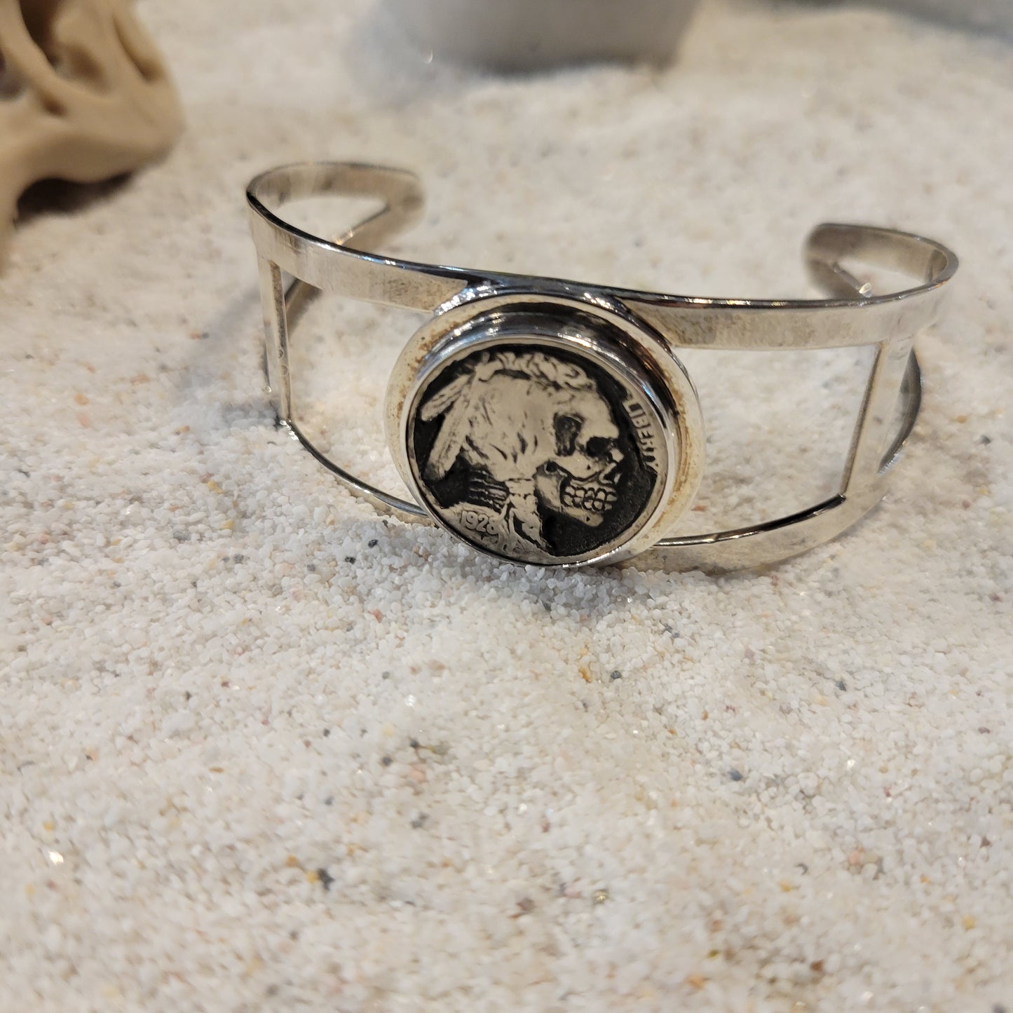 Sterling Carved Indian Skeleton Buffalo Nickel Cuff