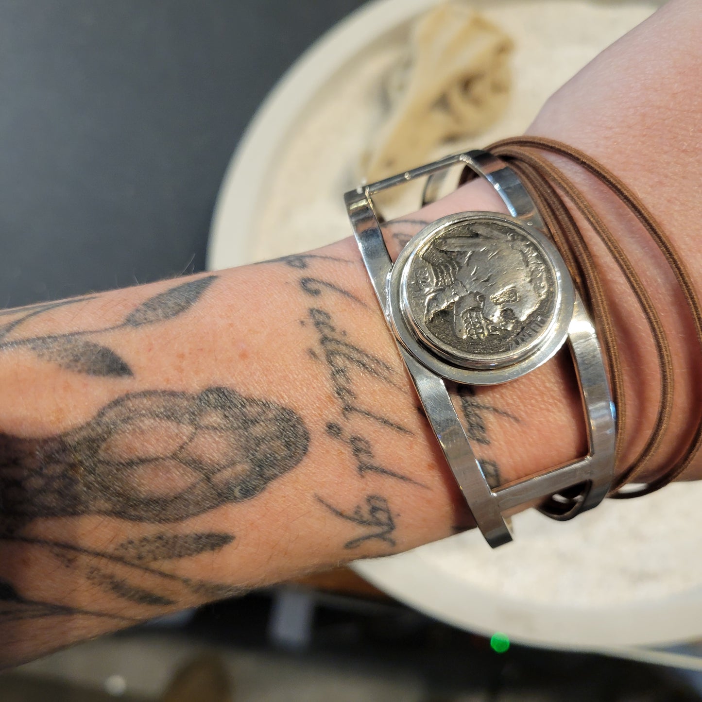 Sterling Carved Indian Skeleton Buffalo Nickel Cuff