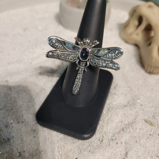 Sterling Dragonfly with Mystic Topaz Ring sz Adjustable