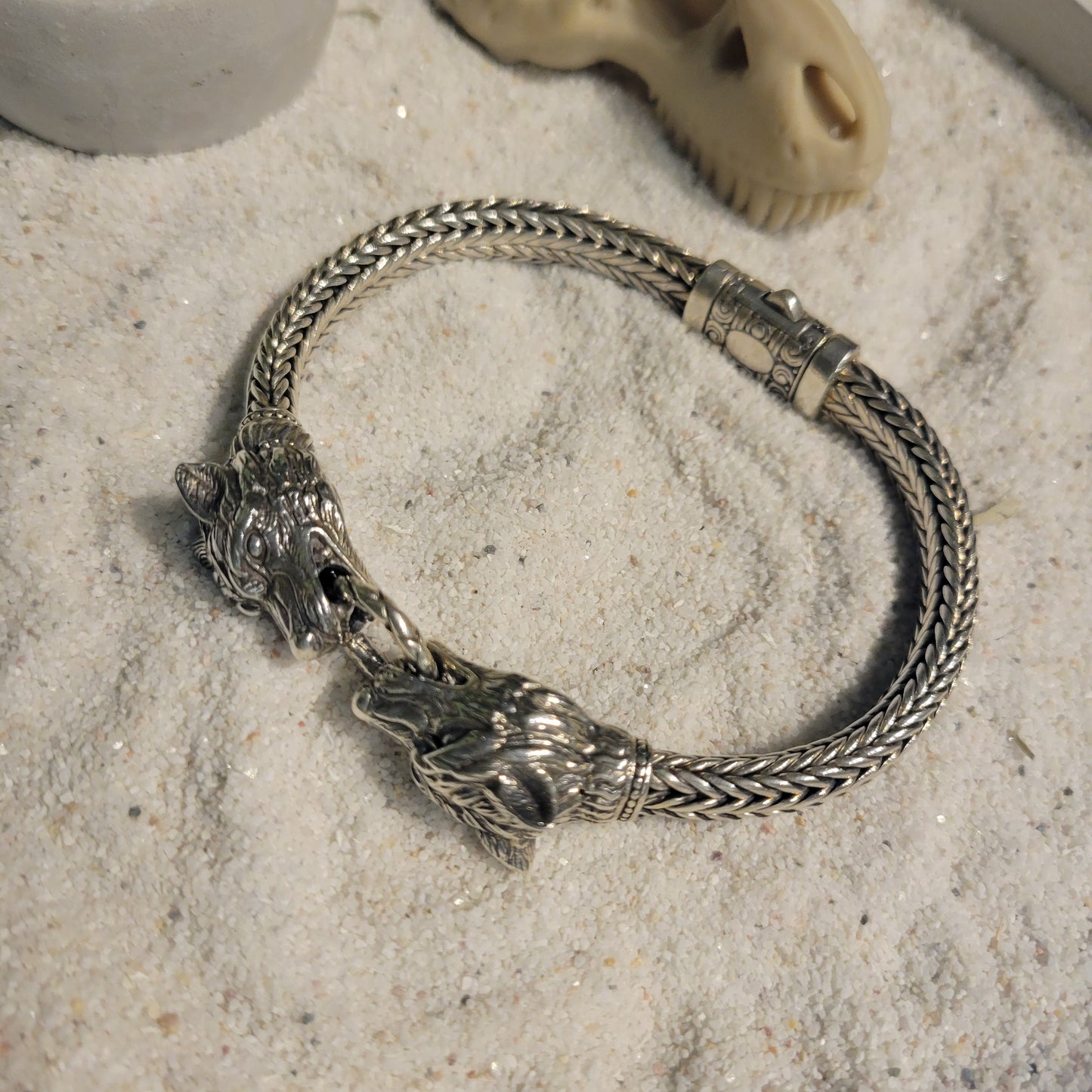 Sterling Wolf Head Men's Bracelet