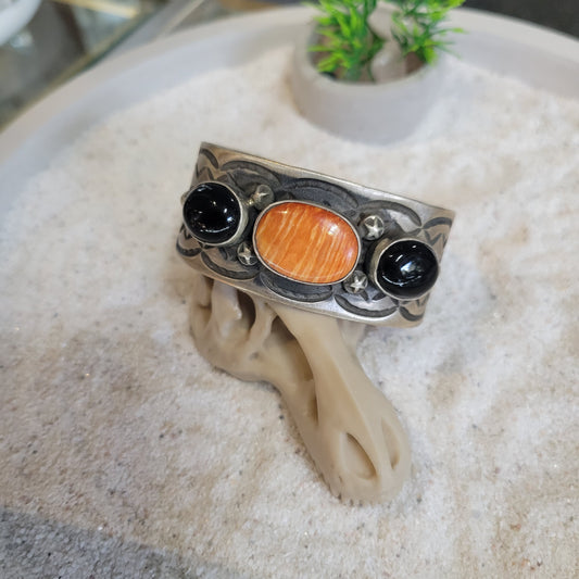 Sterling Spiny Oyster and Onyx Cuff