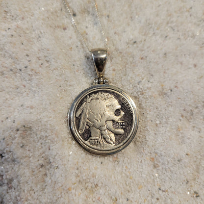 Sterling Carved Skeleton Buffalo Nickel Necklace