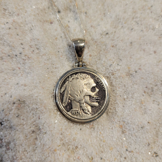 Sterling Carved Skeleton Buffalo Nickel Necklace