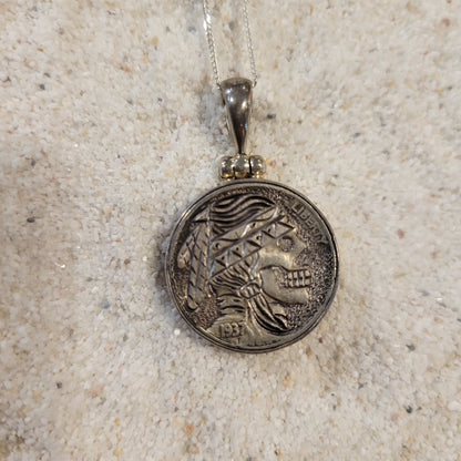 Sterling Carved Indian Skeleton Buffalo Nickel Necklace