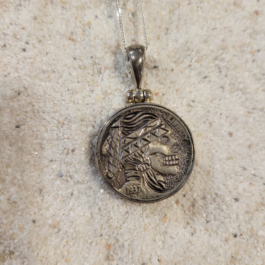 Sterling Carved Indian Skeleton Buffalo Nickel Necklace