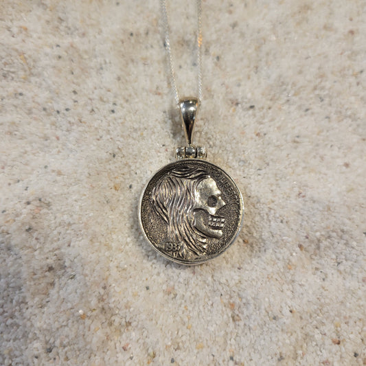 Sterling Carved Skeleton Buffalo Nickel Necklace