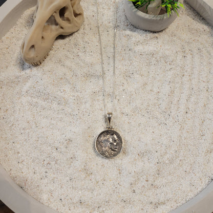 Sterling Carved Skeleton Buffalo Nickel Necklace
