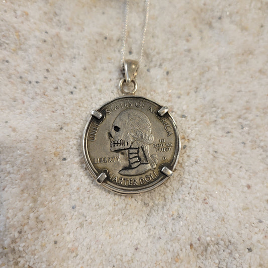 Sterling Carved Skeleton Quarter Necklace