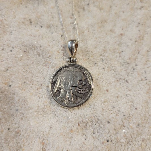 Sterling Carved Skeleton Buffalo Nickel Necklace