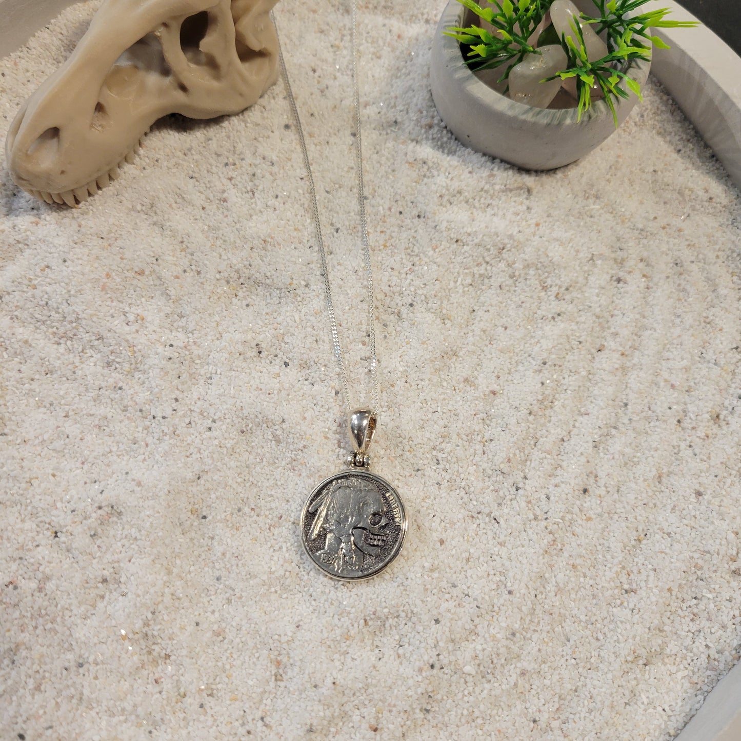 Sterling Carved Skeleton Buffalo Nickel Necklace