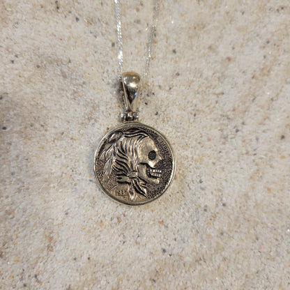 Sterling Carved Skeleton Buffalo Nickel Necklace