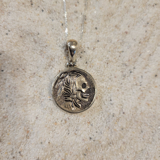 Sterling Carved Skeleton Buffalo Nickel Necklace
