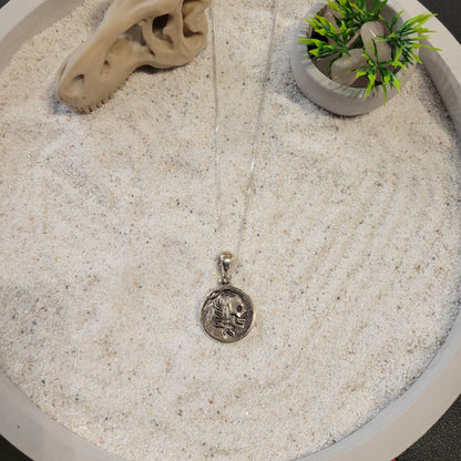 Sterling Carved Skeleton Buffalo Nickel Necklace