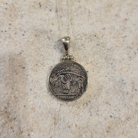 Sterling Carved Skeleton Buffalo Nickel Necklace