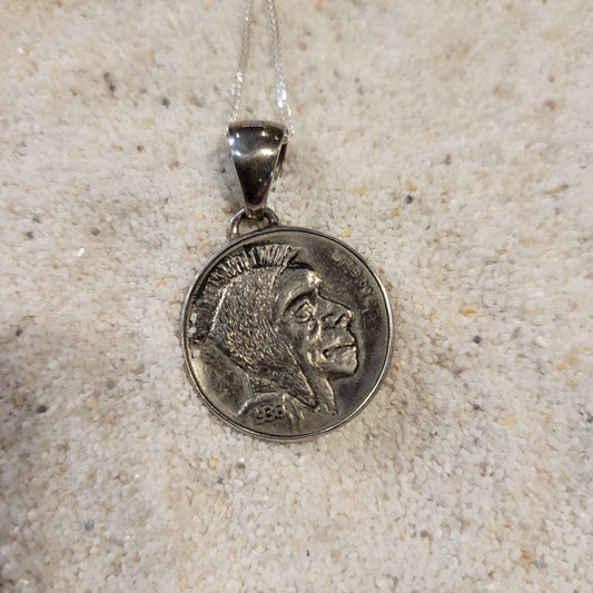 Sterling Carved Indian Buffalo Nickel Necklace