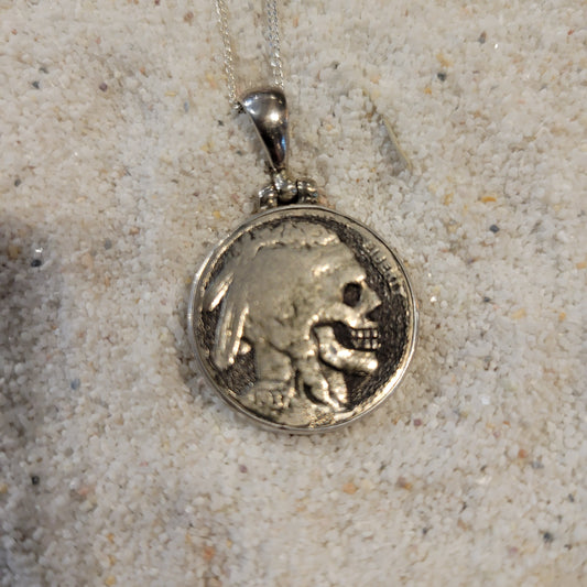 Sterling Carved Skeleton Buffalo Nickel Necklace