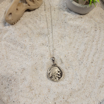 Sterling Carved Skeleton Buffalo Nickel Necklace